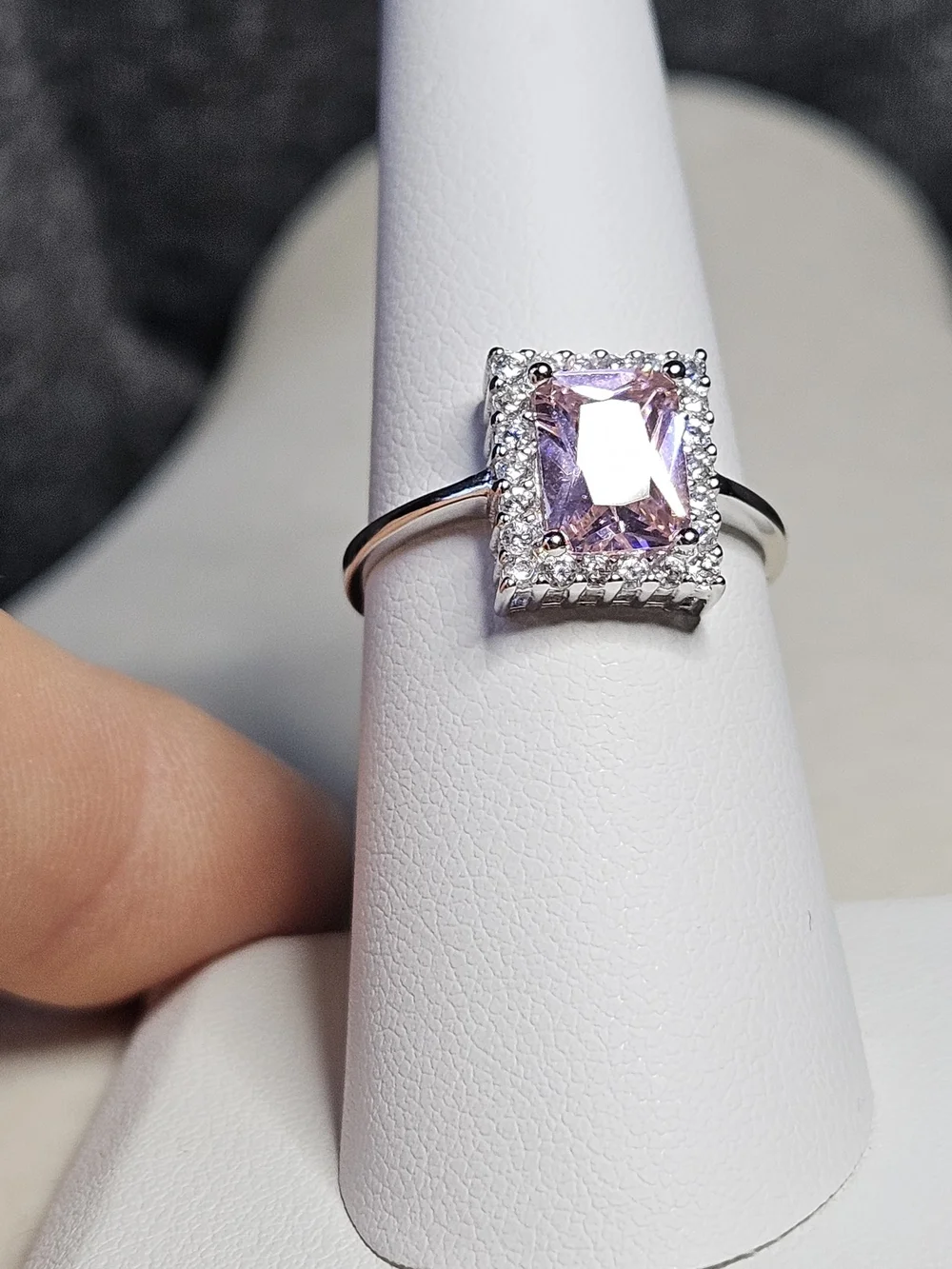 Sterling Silver Ring with Pink Rectangular Center Stone and Halo